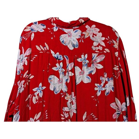 Woman Within Plus Size 34W Roll Tab Sleeve Crinkle Floral Red Shirt Dress Flowy - Picture 11 of 16